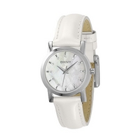 DKNY ladies' mother of pearl white leather strap watch