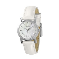 DKNY ladies' mother of pearl white leather strap watch